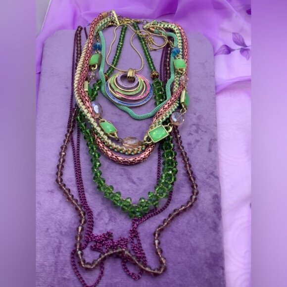 Gold Modernist Necklace with Enamel Pendant Glass Beads Chains 4 Necklaces - Picture 2 of 2